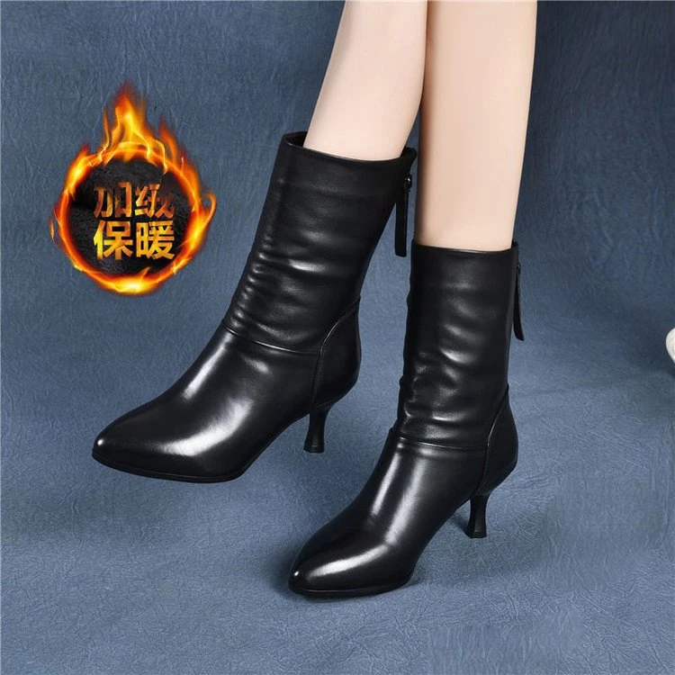 秋季新款洋气真皮加绒短靴女中跟细跟单靴女中筒马丁靴冬高档棉鞋
