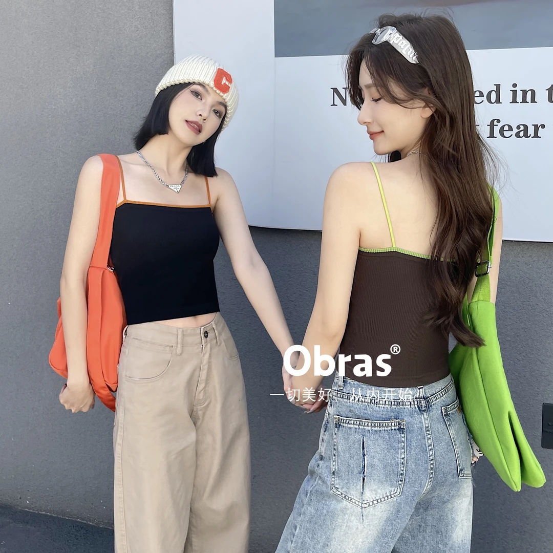 时尚一字领口细吊带撞色背心外穿自带Bra内搭ins风裹胸百搭夏季
