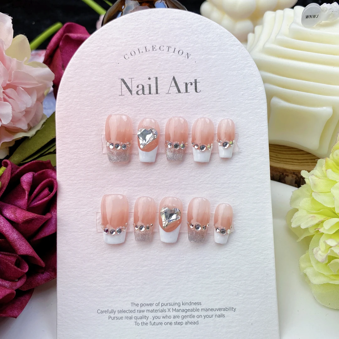 可拆卸穿戴甲假指甲贴片穿戴式显白法式闪钻款纯手工光疗美甲成品