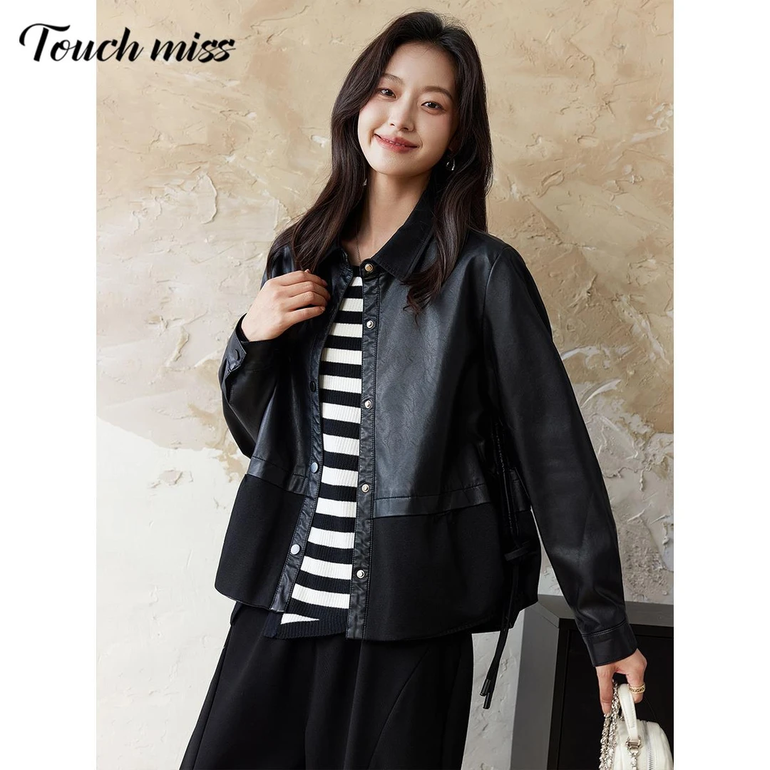TOUCH MISS时尚拼接pu皮翻领外套短款2024新款宽松休闲夹克上衣女