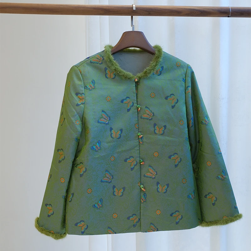 『春晓』新中式桑蚕丝毛领加棉时尚宽松外套DGWW3081