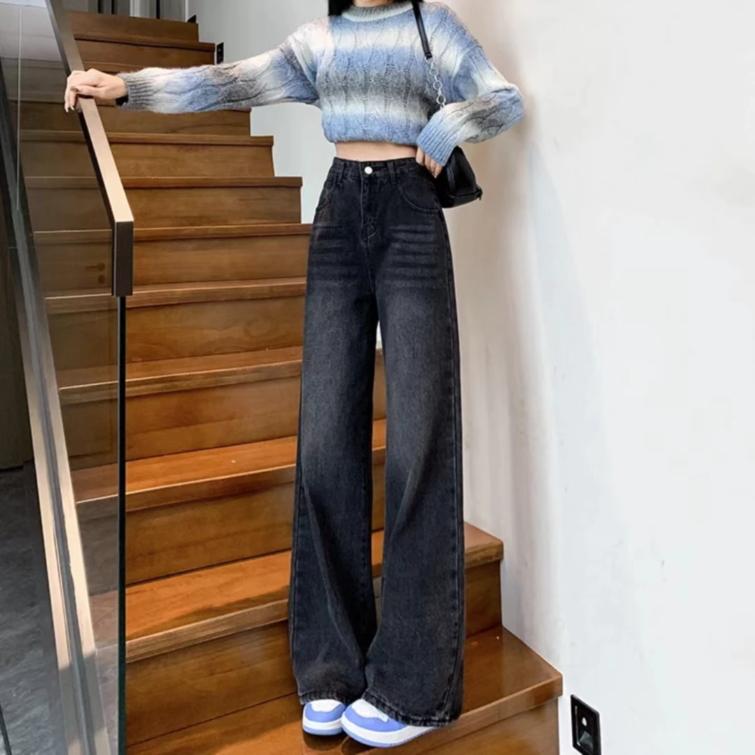 美式高街黑灰色微喇牛仔裤女春夏新款高腰辣妹宽松百搭显瘦直筒