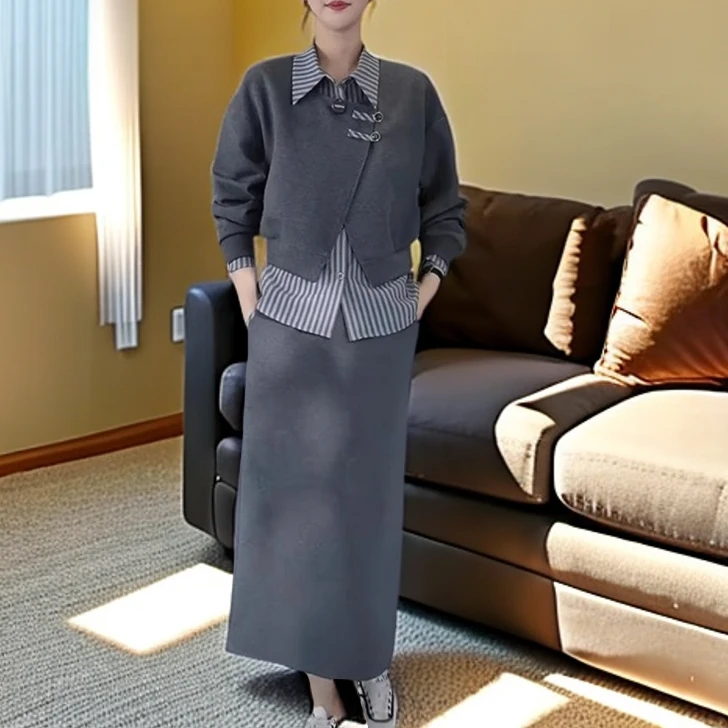 【假两件条纹】韩系休闲时尚女春秋新款拼接上衣显瘦气质