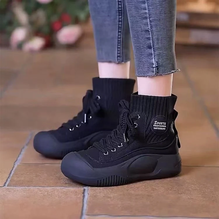 2024秋冬新款高帮时尚休闲靴子百搭经典女鞋袜子鞋厚底女士运动