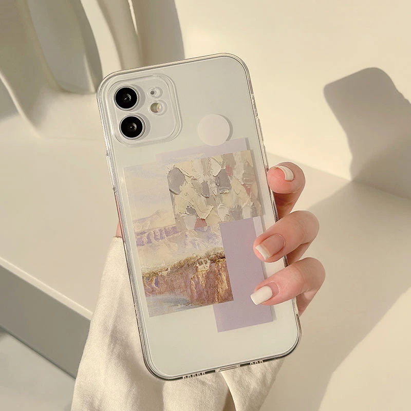 油画标签苹果15手机壳iPhone14透明13全包12小众创意简约ins可爱