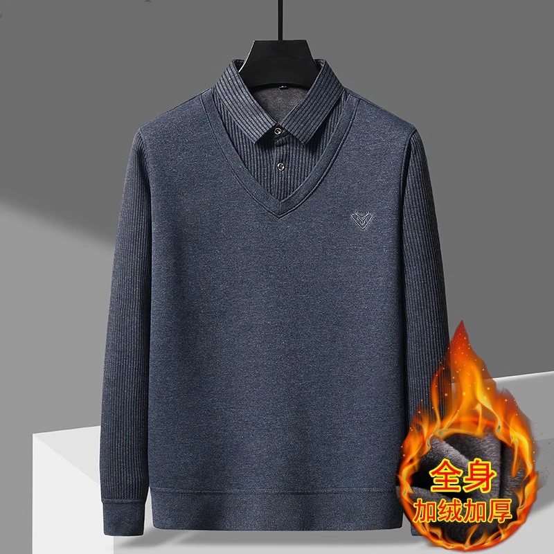 高档衬衫领毛衣男士春秋季新款中老年假两件加绒加厚内搭针织打底