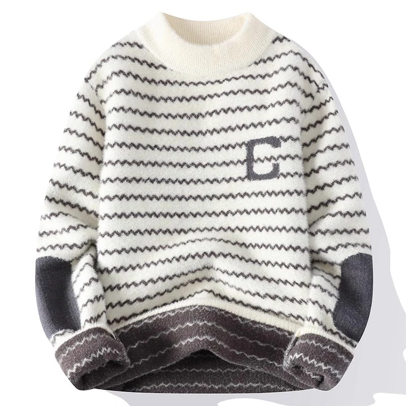 高品质水貂绒毛衣男春秋季加绒加厚保暖内搭打底衫潮流圆领羊绒衫