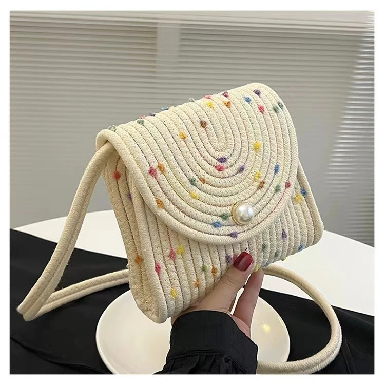 【满天星珍珠翻盖斜挎】奶油编织少女包度假小包信封斜挎包棉绳包