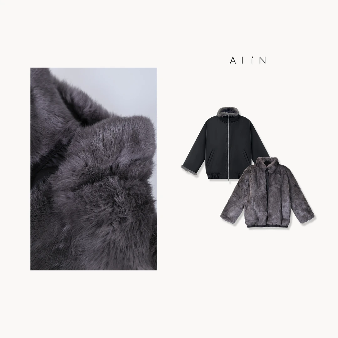 ALIN【双面穿兔毛外套】秋冬立领拉链加绒加厚兔毛外套 24-AWDQ3830