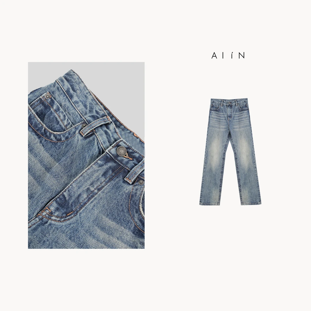 ALIN【脏脏裤】秋款简约百搭宽松显瘦脏脏直筒牛仔裤 24-AWD50974
