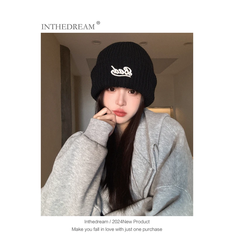 毛线帽女秋冬韩版街头百搭立体彩色字母刺绣保暖针织帽护耳冷帽男