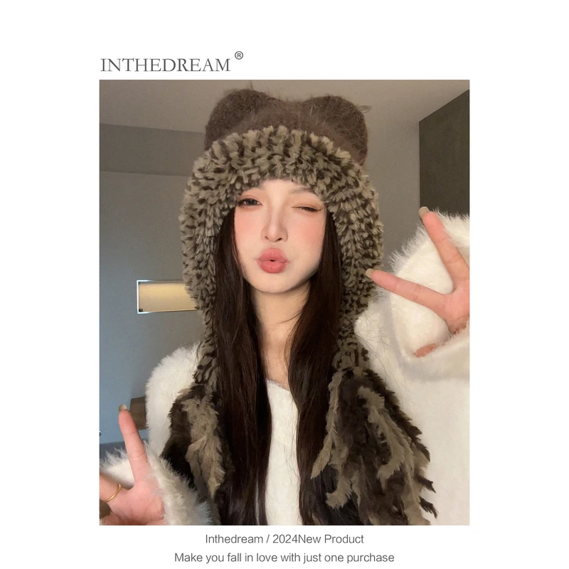 2024秋冬保暖加厚针织毛线雷锋帽子女骑行护耳防寒可爱卡通学生潮