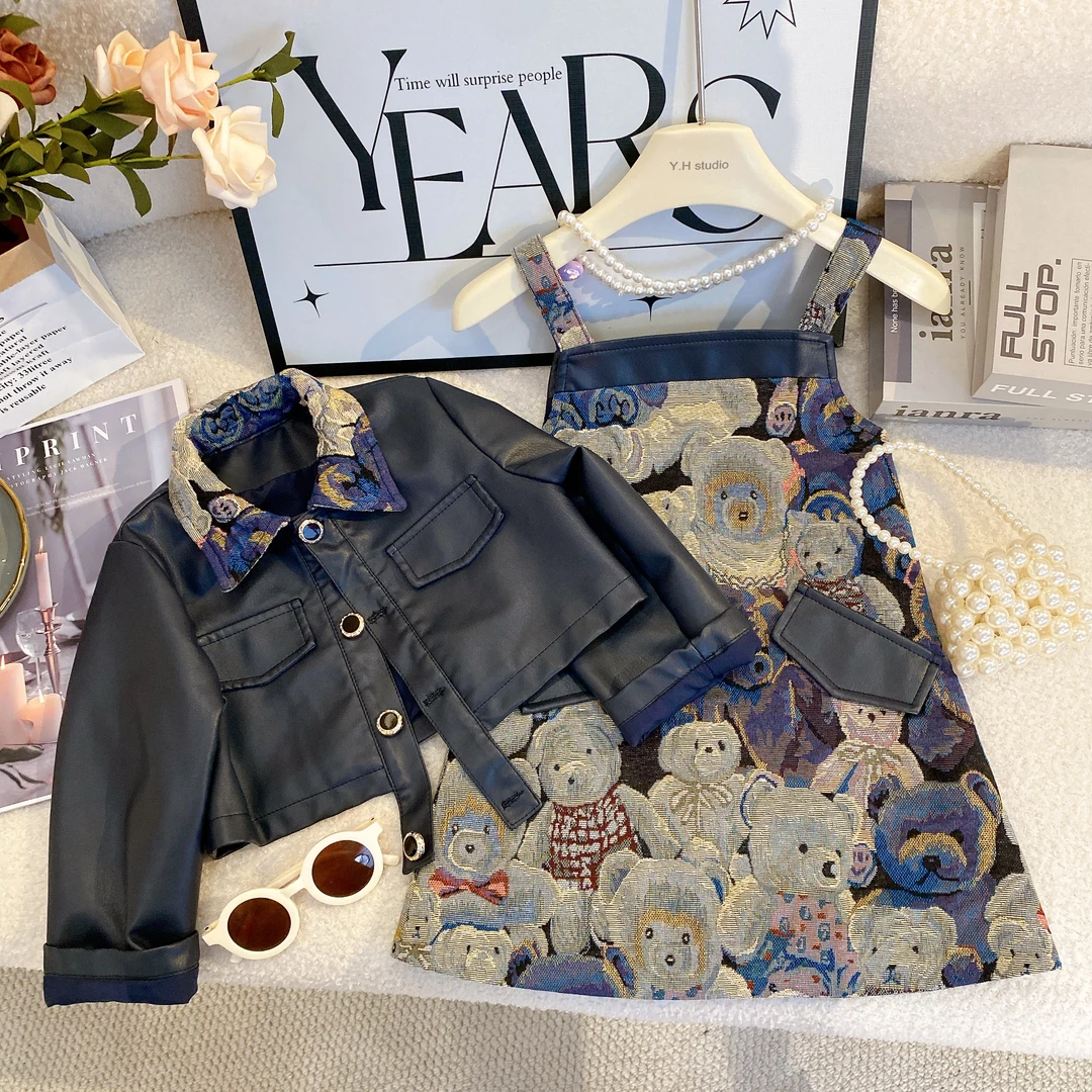 SH【悦禾】新款上新复古小熊提花女童韩版小香风时尚儿童套装7209