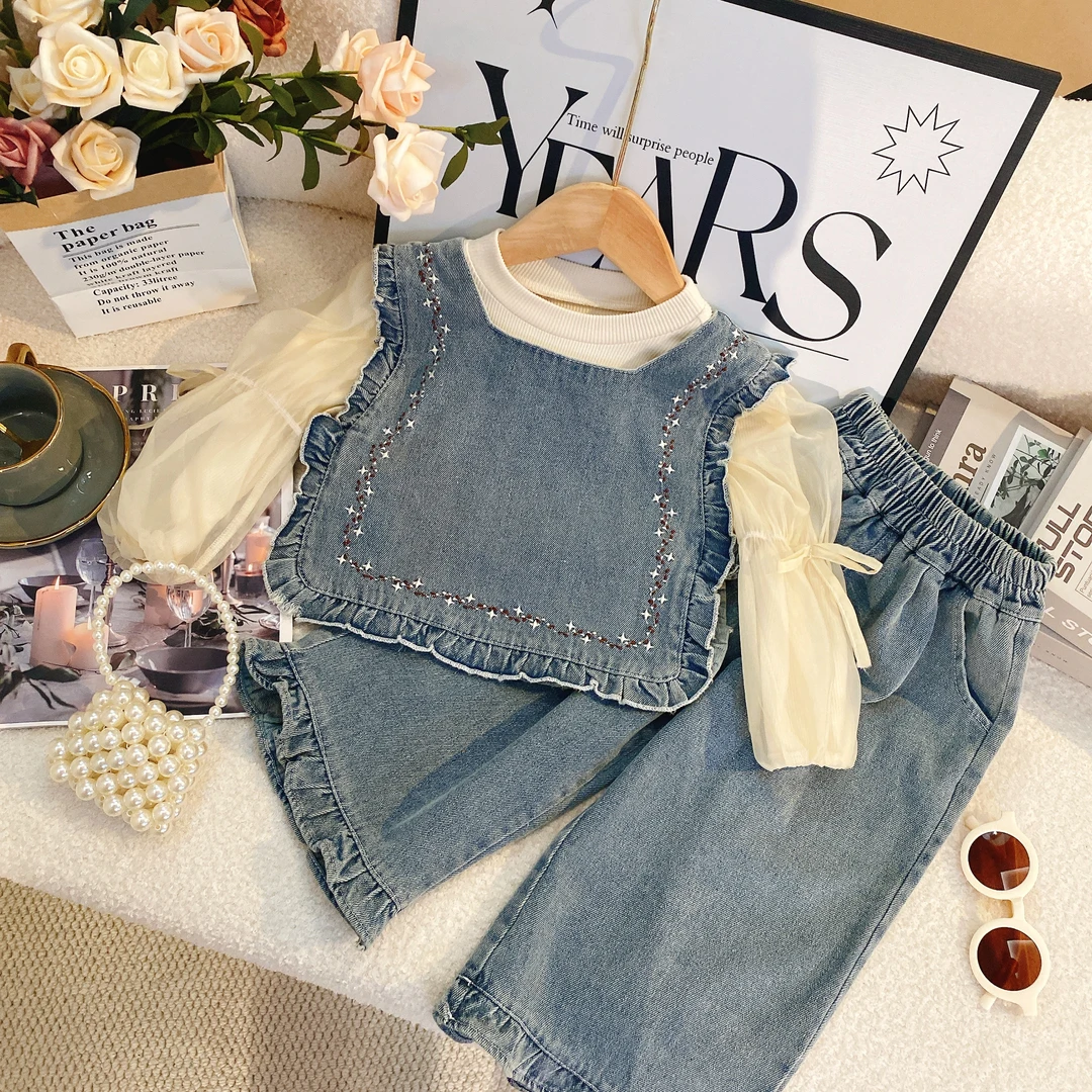 SH【悦禾】女童套装新款洋气时髦牛仔马甲百搭长裤套装7270