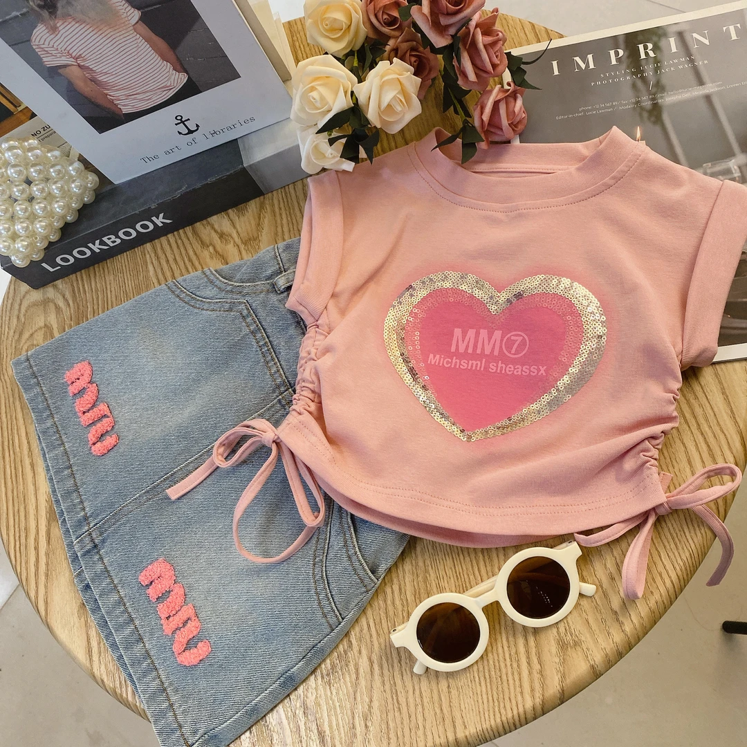 女童套装 韩系刺绣蝴蝶短袖气质牛仔裙夏季洋气百搭两件套8166