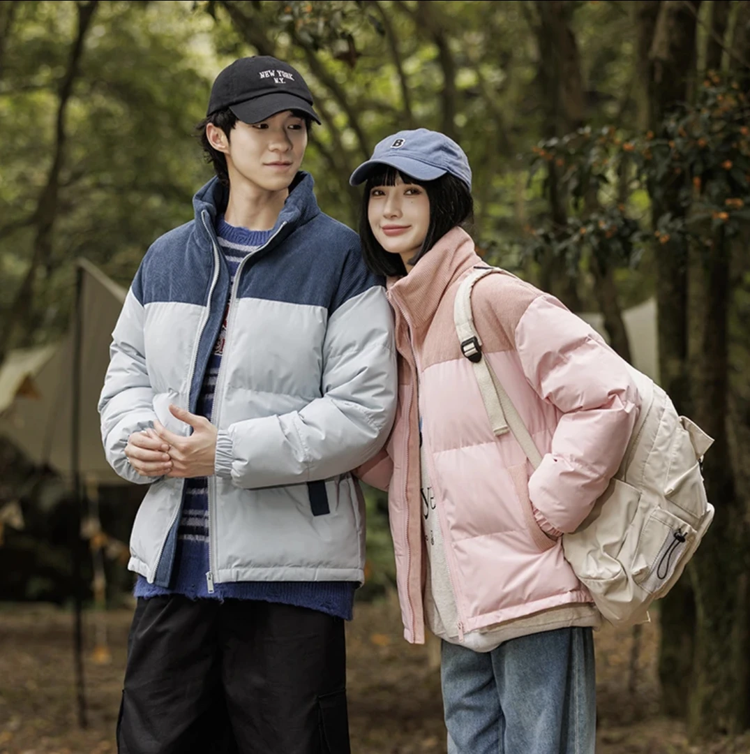 冬季新款时尚休闲运动棉衣立领保暖拼色灯芯绒棉服情侣青年外套2