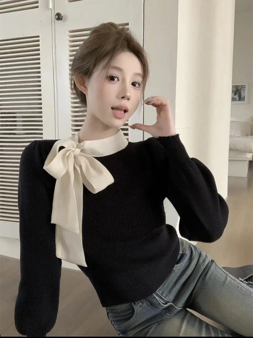 【公主请下单】设计感撞色蝴蝶结打底衫2023冬季新款气质显瘦上衣女