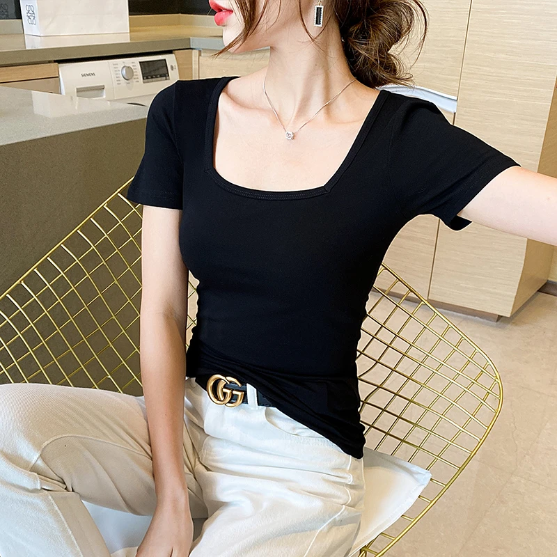 007显瘦方领锁骨棉T恤短袖U领上衣心机设计感白色打底衫女内搭潮