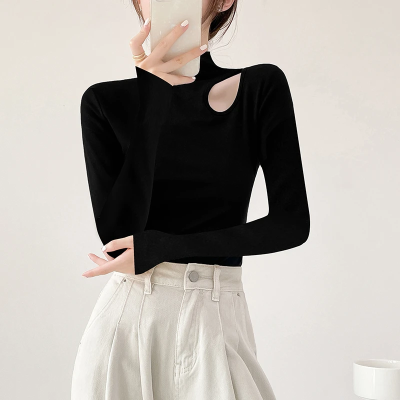 TS205螺纹半高领黑色长袖左肩镂空修身百搭时尚显瘦洋气设计感T恤