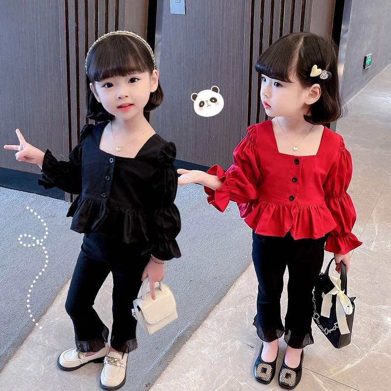 女童长袖春秋装两件套泡泡袖开衫衬衫韩版网红洋气阔腿裤套装时髦