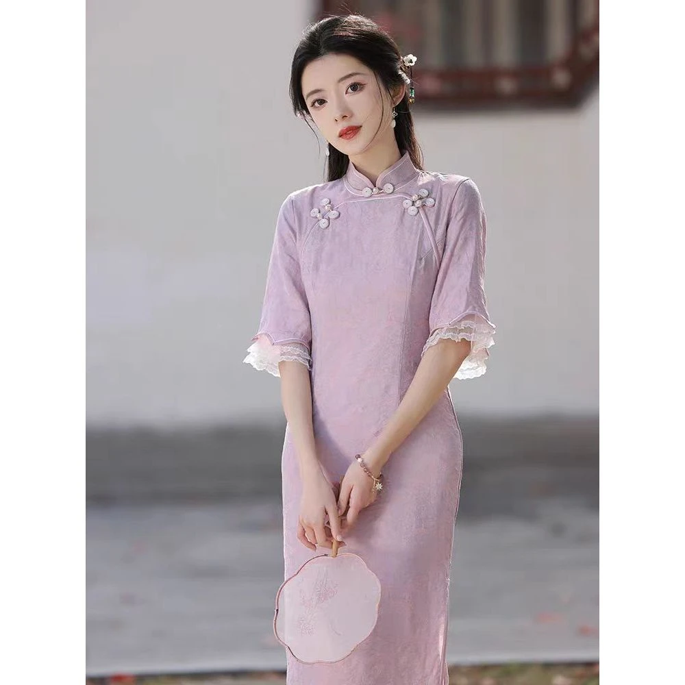 粉紫色中国风年轻款旗袍改良新款夏季少女连衣裙高端气质中长款