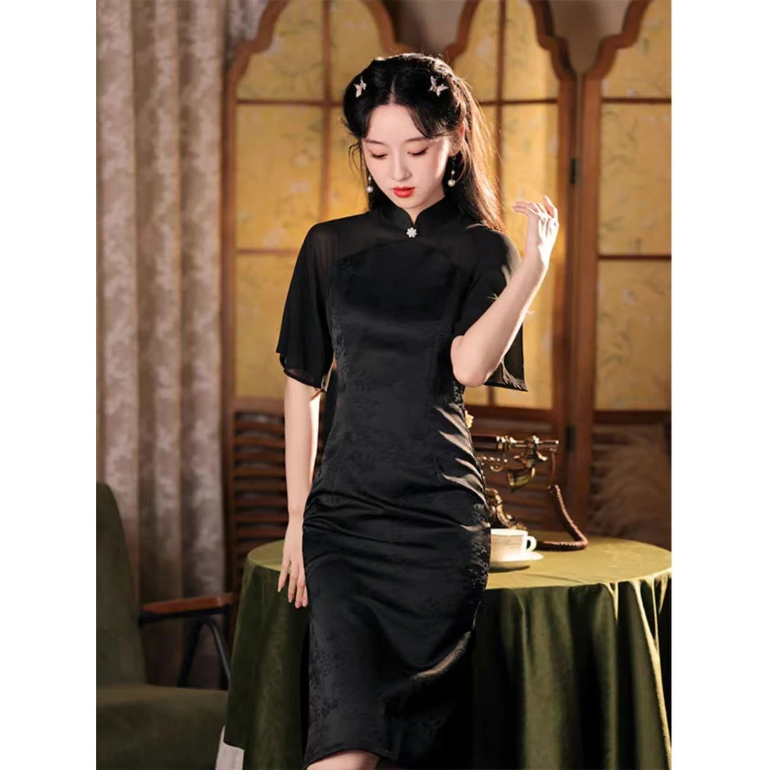 黑色网纱荷叶袖旗袍新款日常可穿素雅复古气质女装新中式连衣裙夏