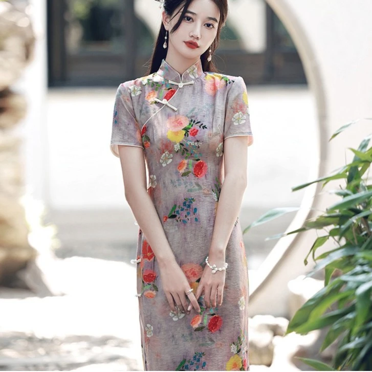 特价苎麻改良中国风旗袍复古印花年轻气质高端夏季少女显瘦小个子