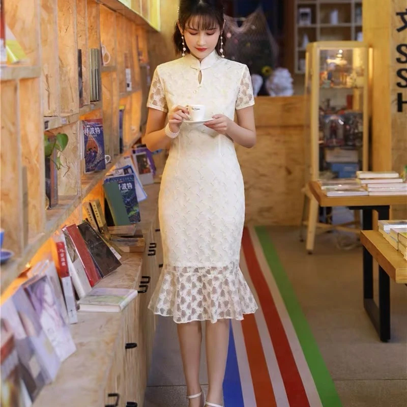 特价！少女蕾丝旗袍日常夏季复古气质中国风中长款鱼尾甜美18-25
