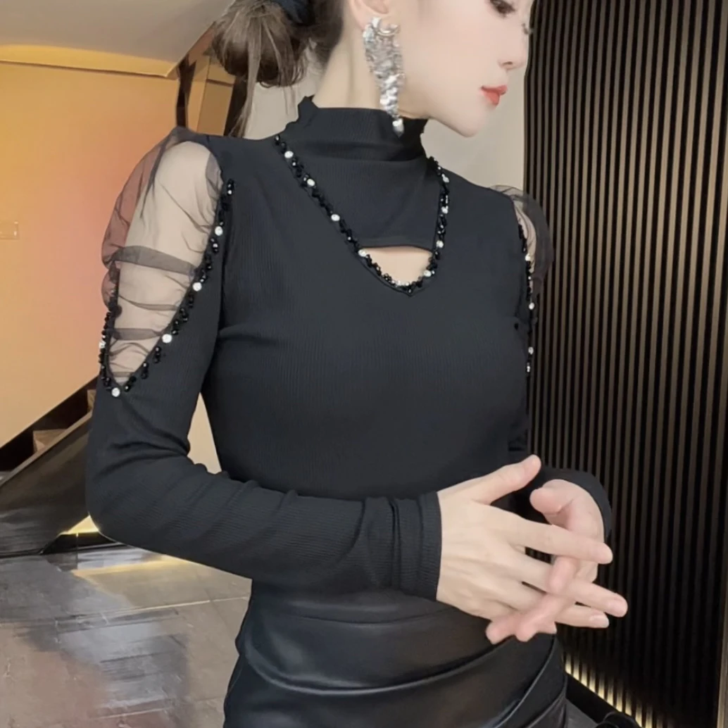 秋冬新款半高领时尚气质修身显瘦网纱拼接上衣女重工钉珠百搭洋气