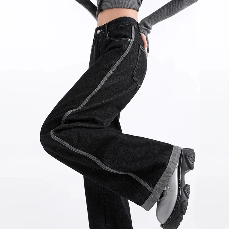 黑色阔腿牛仔裤女秋冬季2024年新款高腰显瘦撞色设计感宽松直筒裤