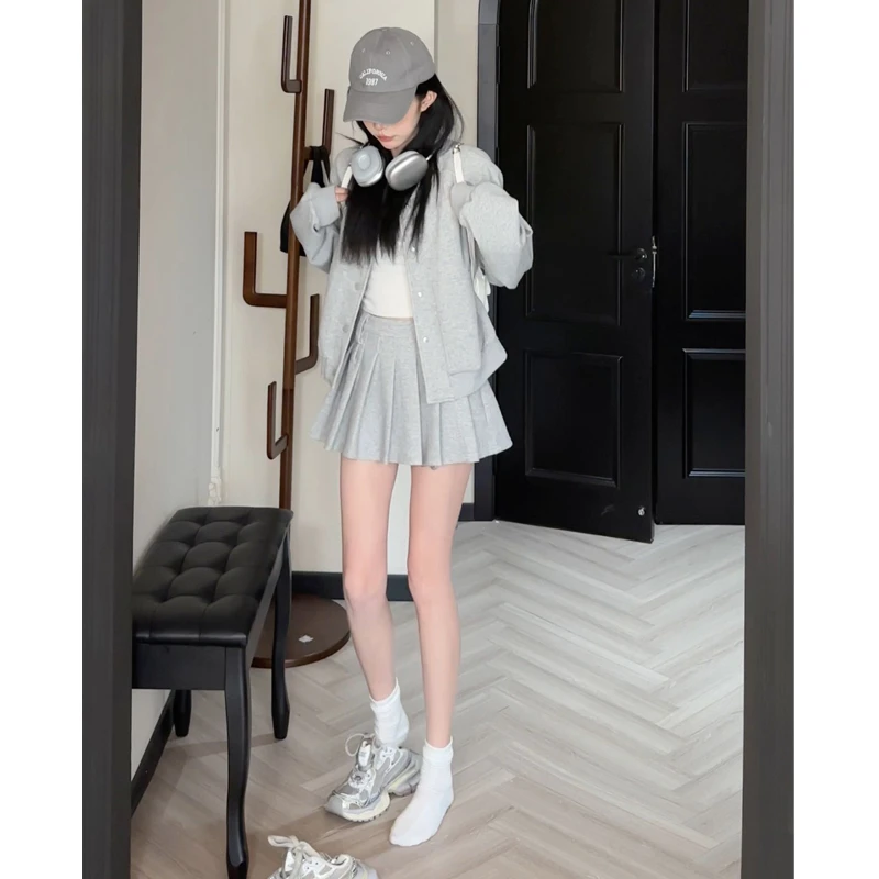 美式简约复古宽松百搭夹克休闲卫衣高腰百褶裙显瘦套装秋季新款