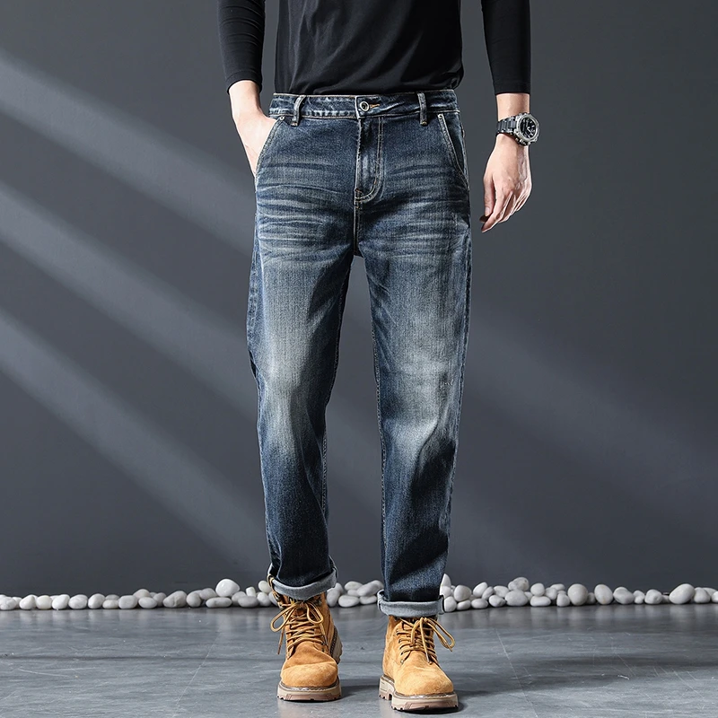 城市李6058#四季款牛仔裤男修身直筒弹力长裤潮牌大码百搭秋冬蓝