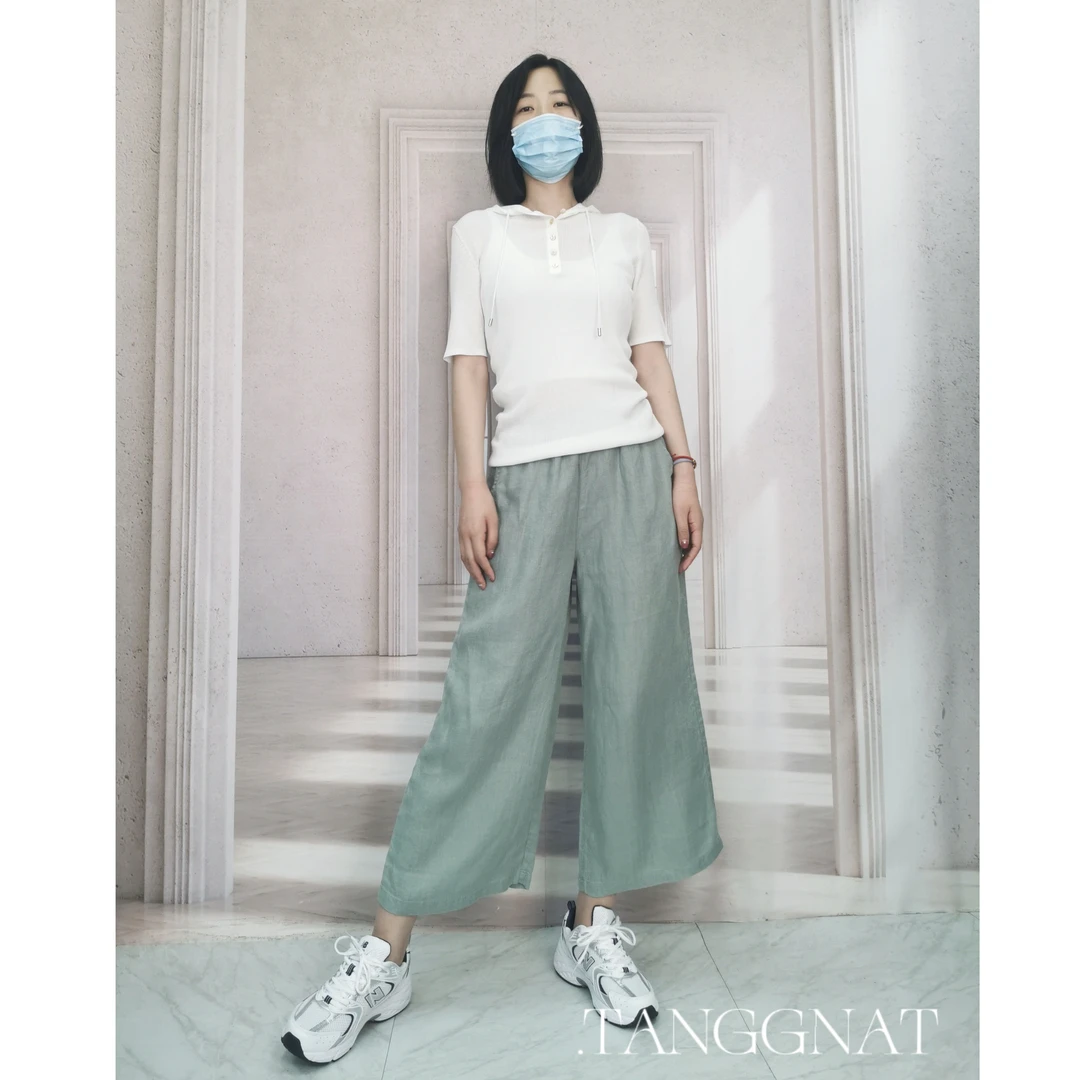 TANGGNA【成衣染色】春夏宽松休闲百搭显瘦薄款纯亚麻人字纹阔腿裤