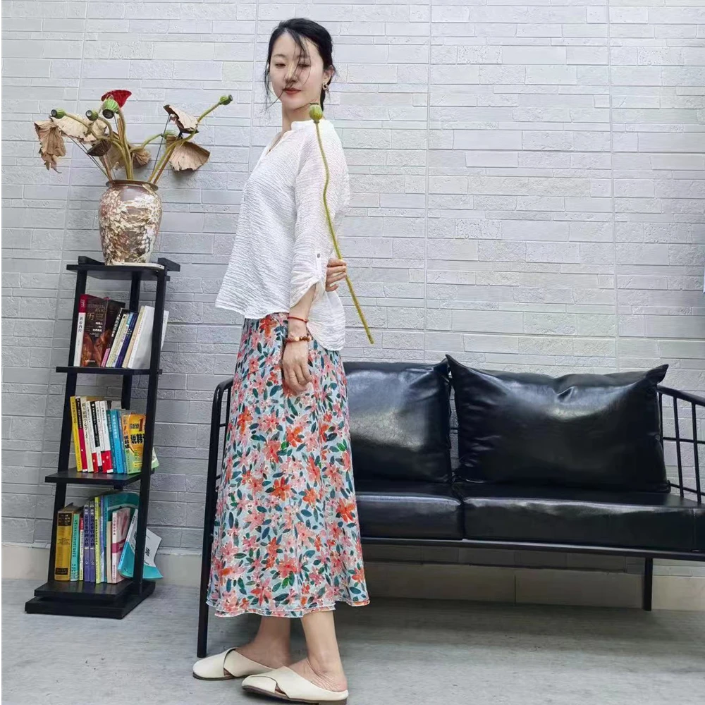 TANGGNAT春夏中长款时尚数码印花纯亚麻气质绿色开叉一片式长裙