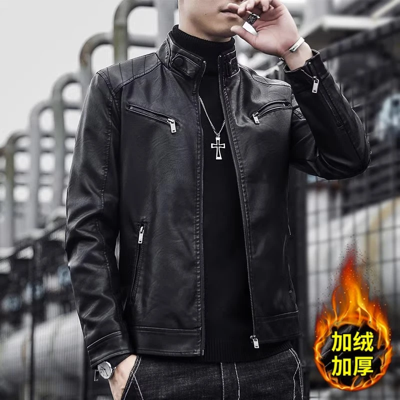 皮毛一体2023秋冬季新款PU皮衣男痞帅修身机车服加绒夹克上衣外套