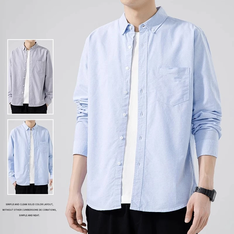 男士牛津纺衬衫纯棉长袖春秋款休闲纯色口袋衬衣潮牌美式上衣外套