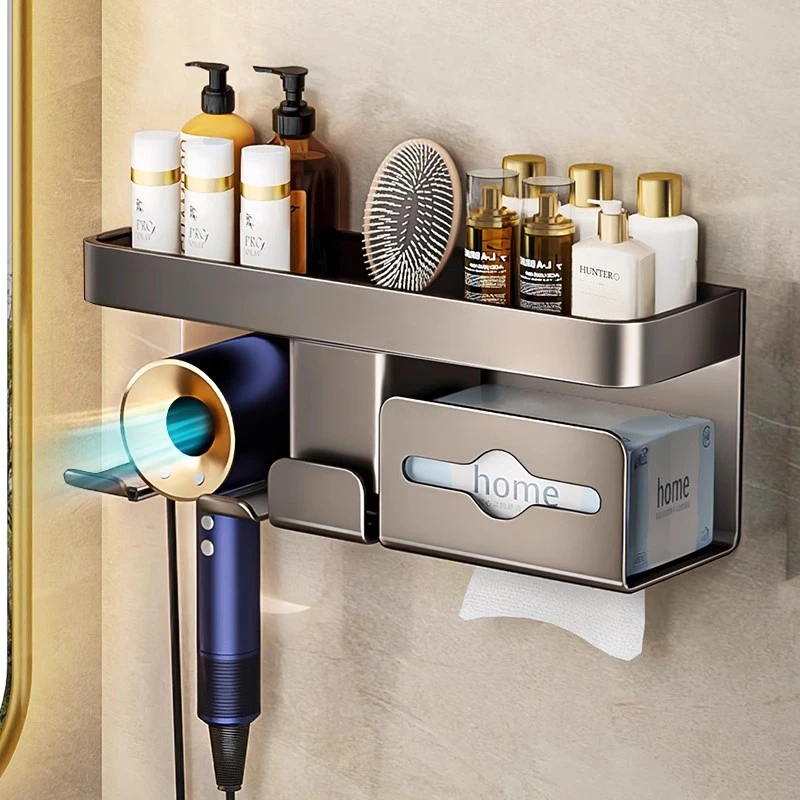 天地鱼卫生间吹风机置物架免打孔壁挂式收纳架多功能洗脸巾牙刷架