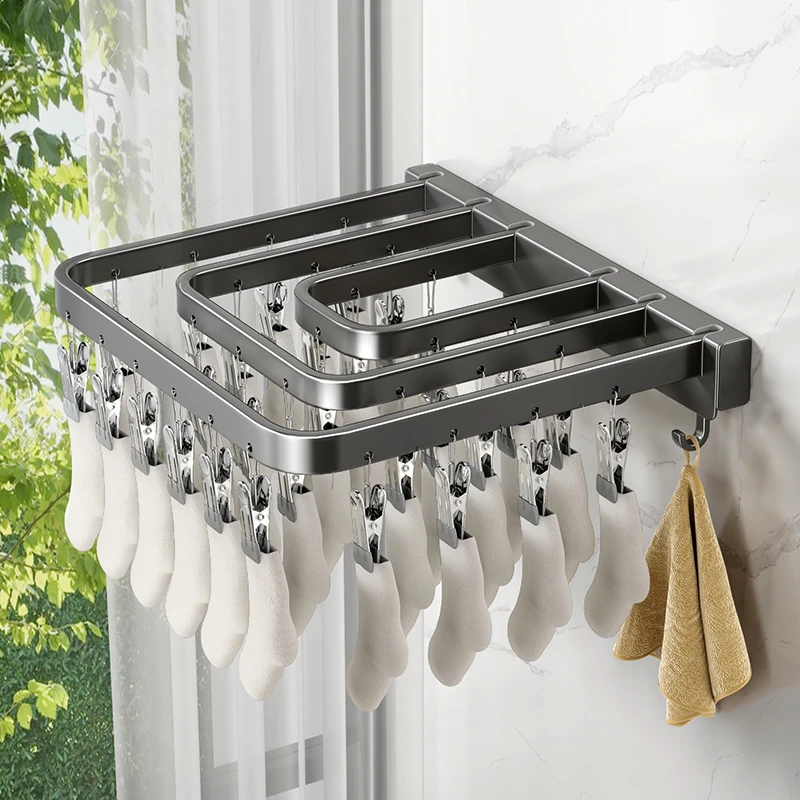 袜子晾晒架晒袜子袜架晒衣架多夹子免打孔可折叠防风衣架家用阳台