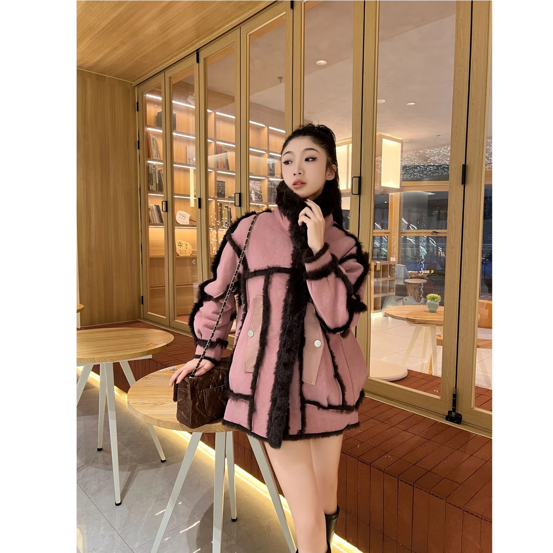 tonlion/唐狮秋冬新款高级感皮毛一体拼接加绒加厚外套女 TSW1387