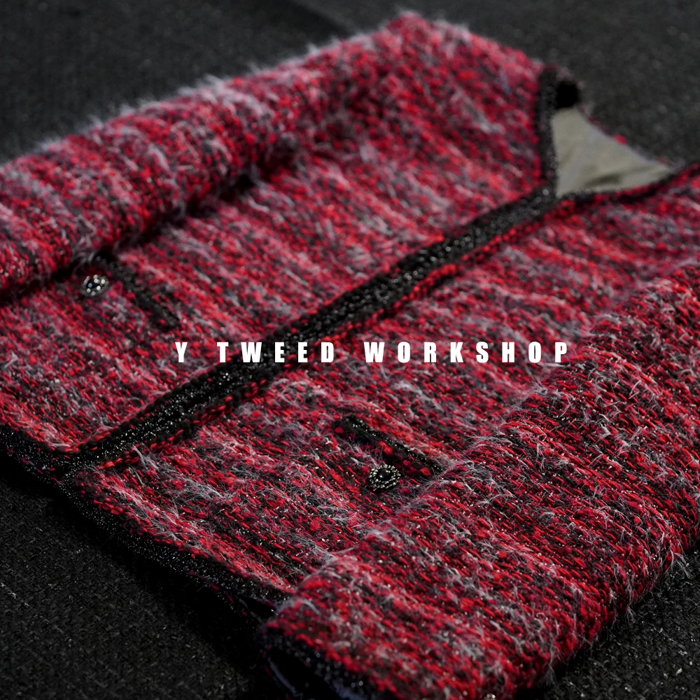 Y家【爱尔兰玫瑰】秋款安哥拉红特种纱线编织长款箱型小香外套Y022