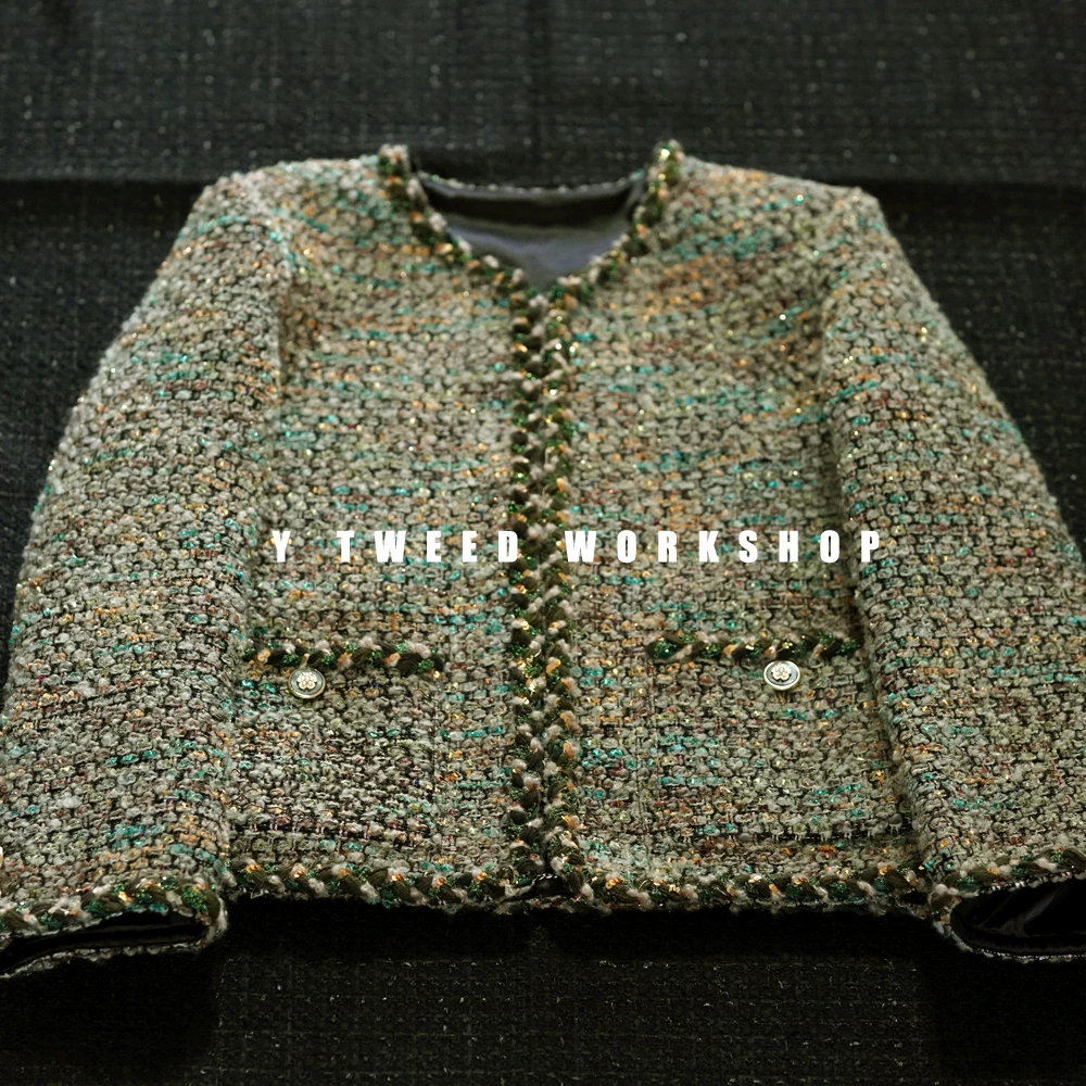 Y家【迷雾森林】英式老钱D奢箱形秋冬廓形仙鹿绿色粗花呢外套YM021