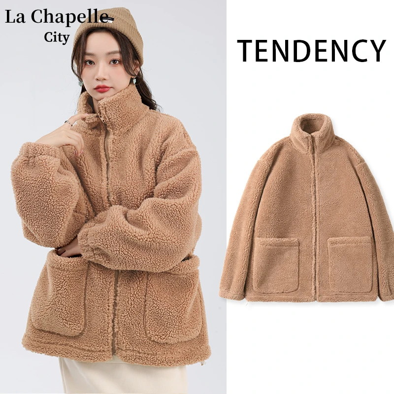 拉夏贝尔咖色颗粒绒开衫今年流行上衣2024新款爆款复古美拉德上衣