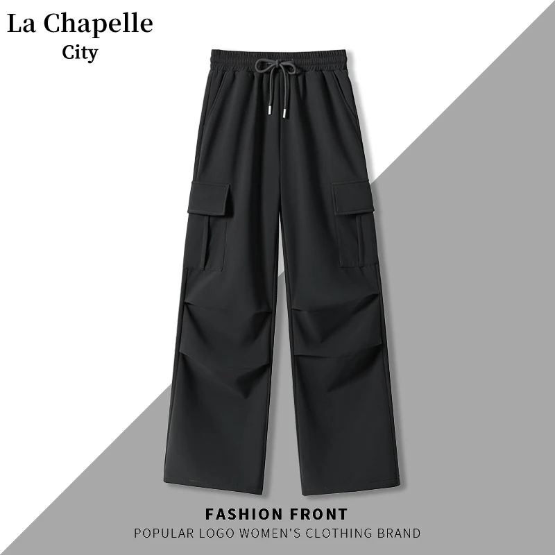 拉夏贝尔黑色软壳工装裤女2024秋季新款户外防水显瘦直筒裤子