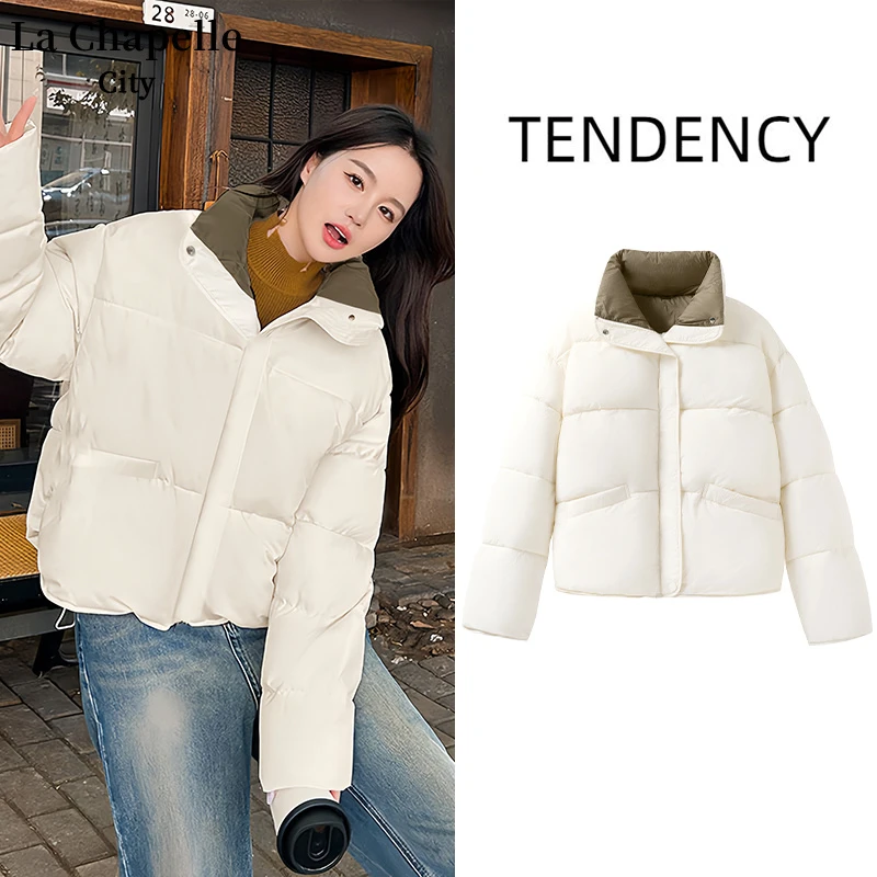 拉夏贝尔撞色夹棉面包服短款棉服女款2024新款冬季立领上衣外套潮