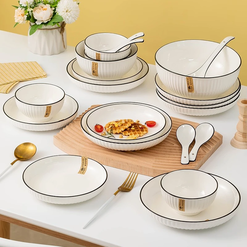 黑线山田18件碗碟套装 家用陶瓷碗盘大面碗汤碗深盘汤盘碟子餐具