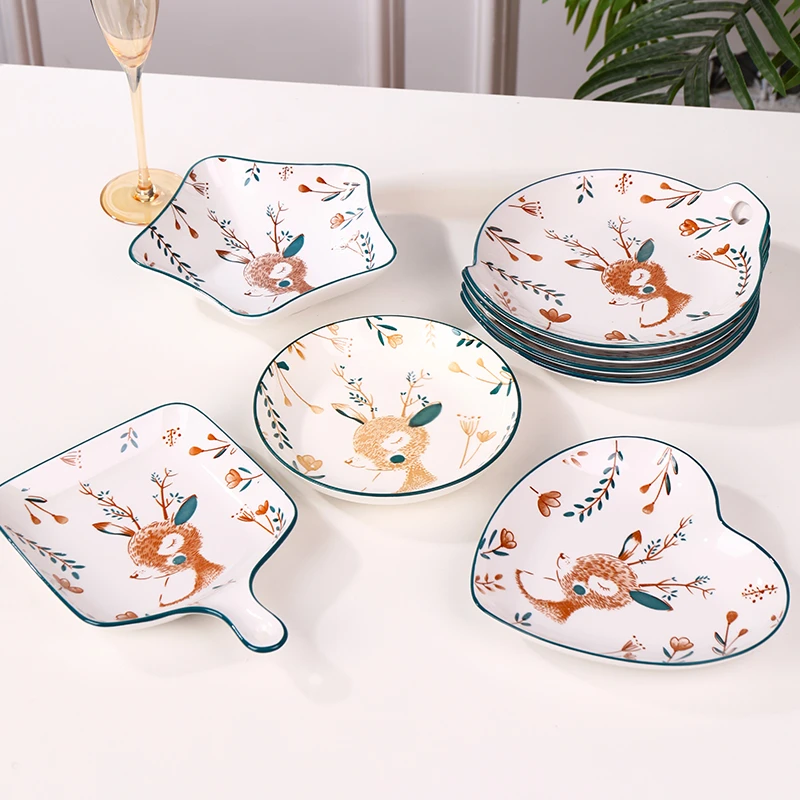 家用菜盘小鹿盘子陶瓷餐具 创意日式瓷盘方盘异形盘简约圆盘菜碟
