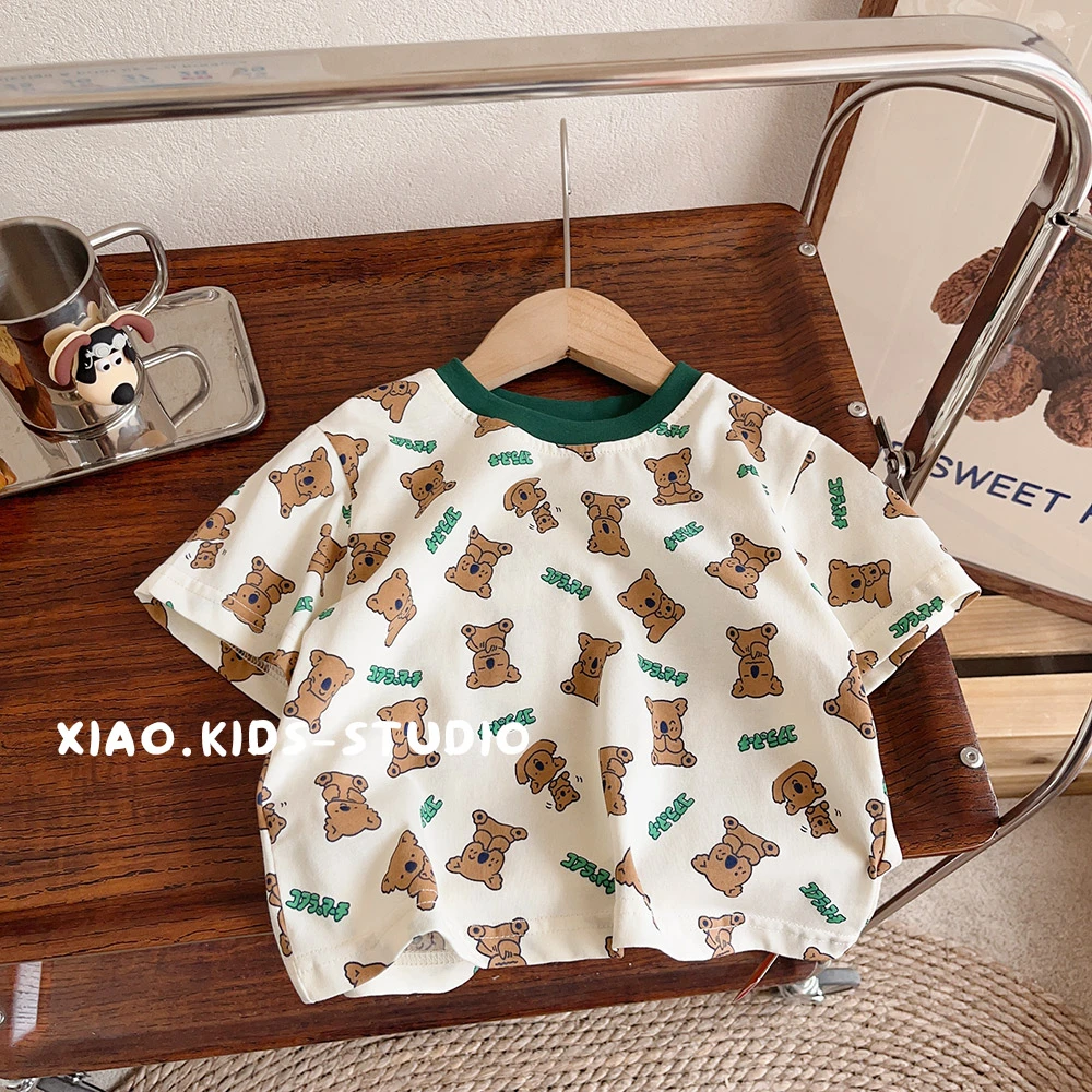 2024新款男童女童圆领套头半袖上衣儿童夏季薄款纯棉满印短袖T恤