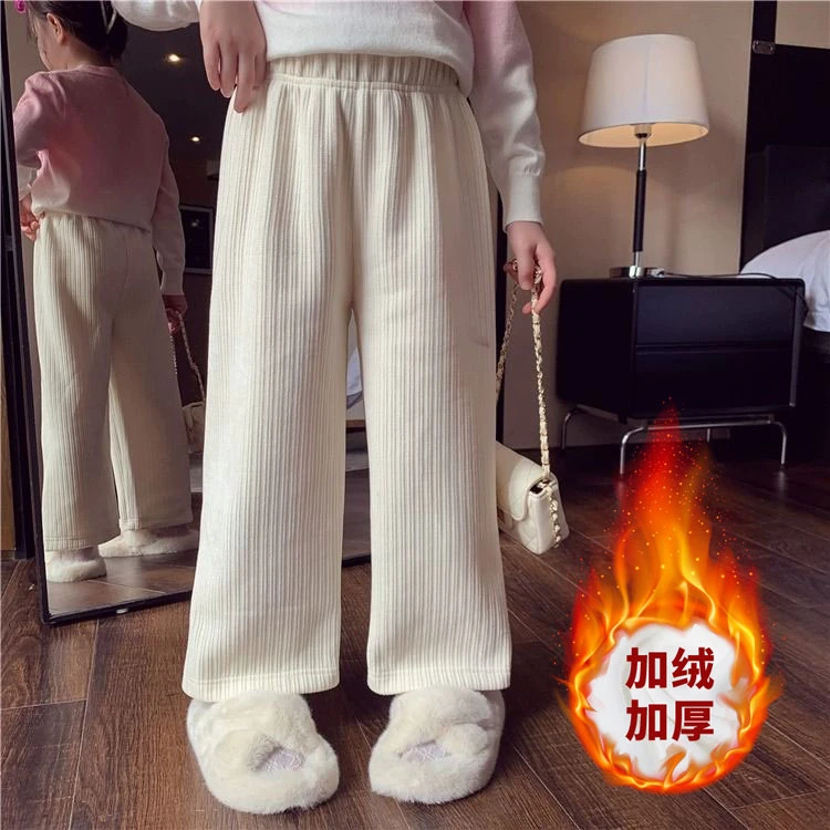 中小童高腰休闲裤宽松儿童裤子加绒秋冬女童直筒裙雪尼尔韩版洋气