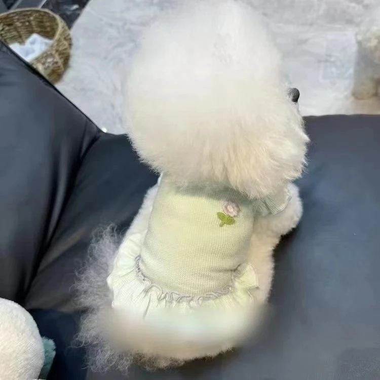 秋冬新款新款华夫格小花飞袖裙子宠物猫咪泰迪可爱透气服清新可爱