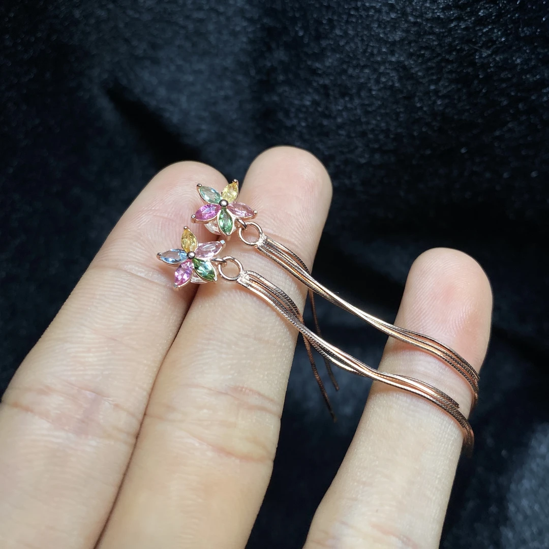 【 小北珠宝 】s925银镶嵌碧玺流苏耳钉11-2L01X287【8mm】